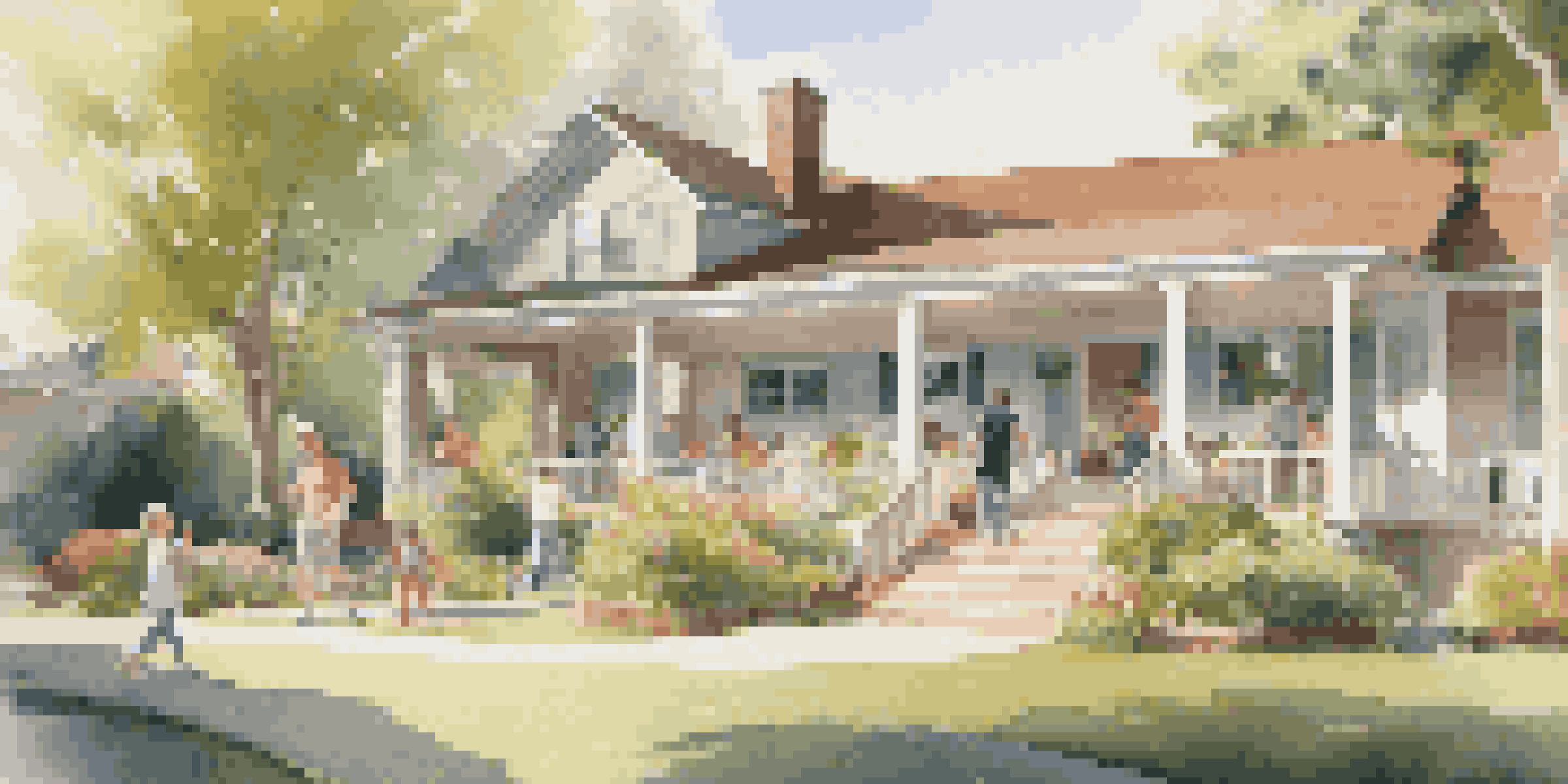 A vibrant open house scene with families visiting a modern home on a sunny day, showcasing children playing and a beautifully landscaped yard.