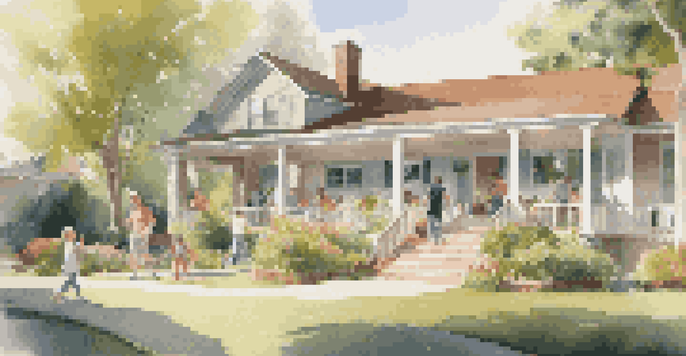 A vibrant open house scene with families visiting a modern home on a sunny day, showcasing children playing and a beautifully landscaped yard.