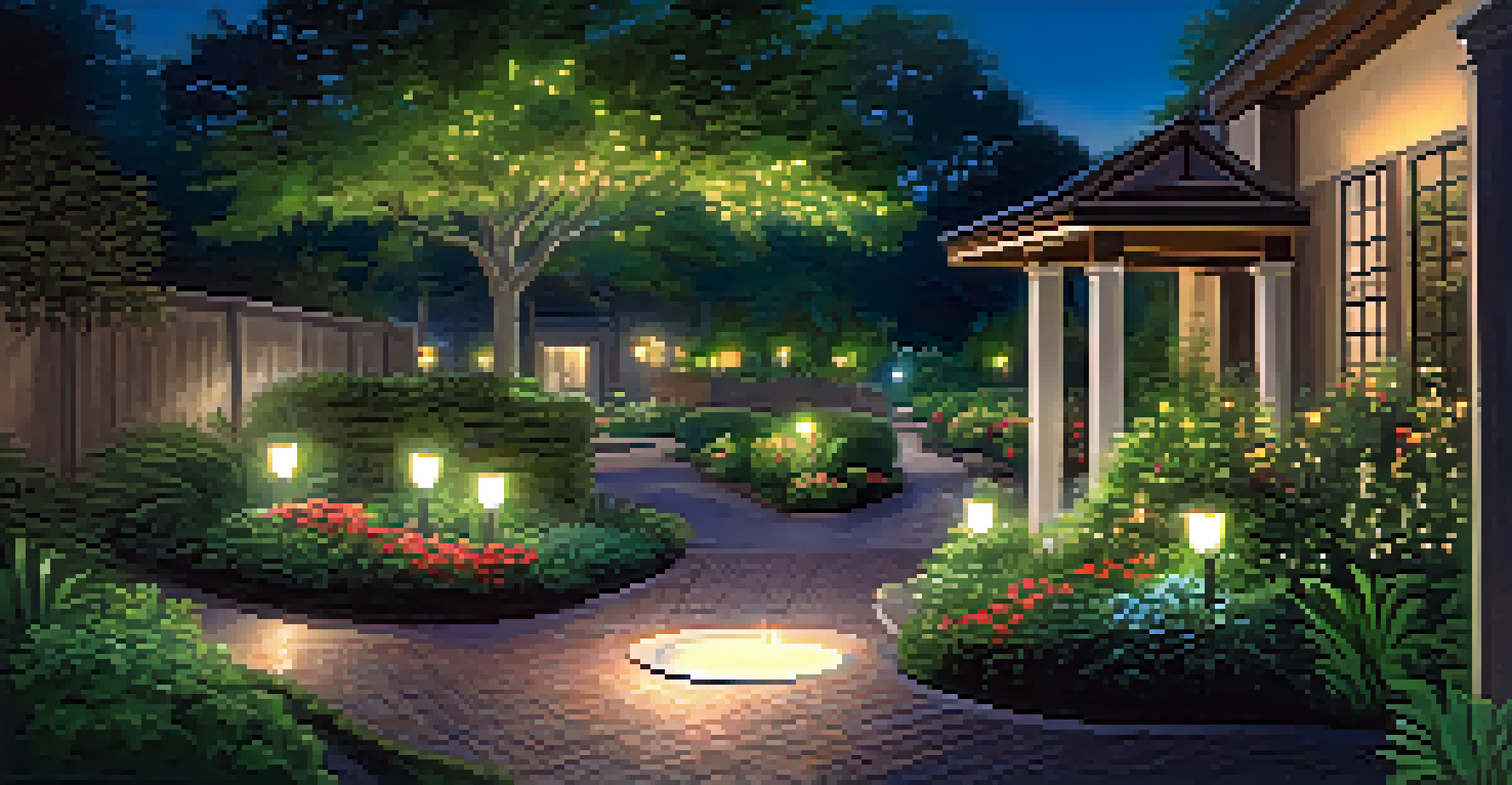A night scene of a garden pathway illuminated by solar lights, with a fountain in the background.