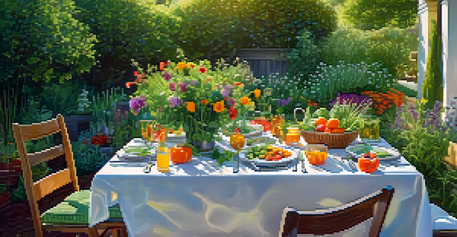 An outdoor dining table in an edible garden, beautifully arranged with dishes made from fresh vegetables and edible flowers.