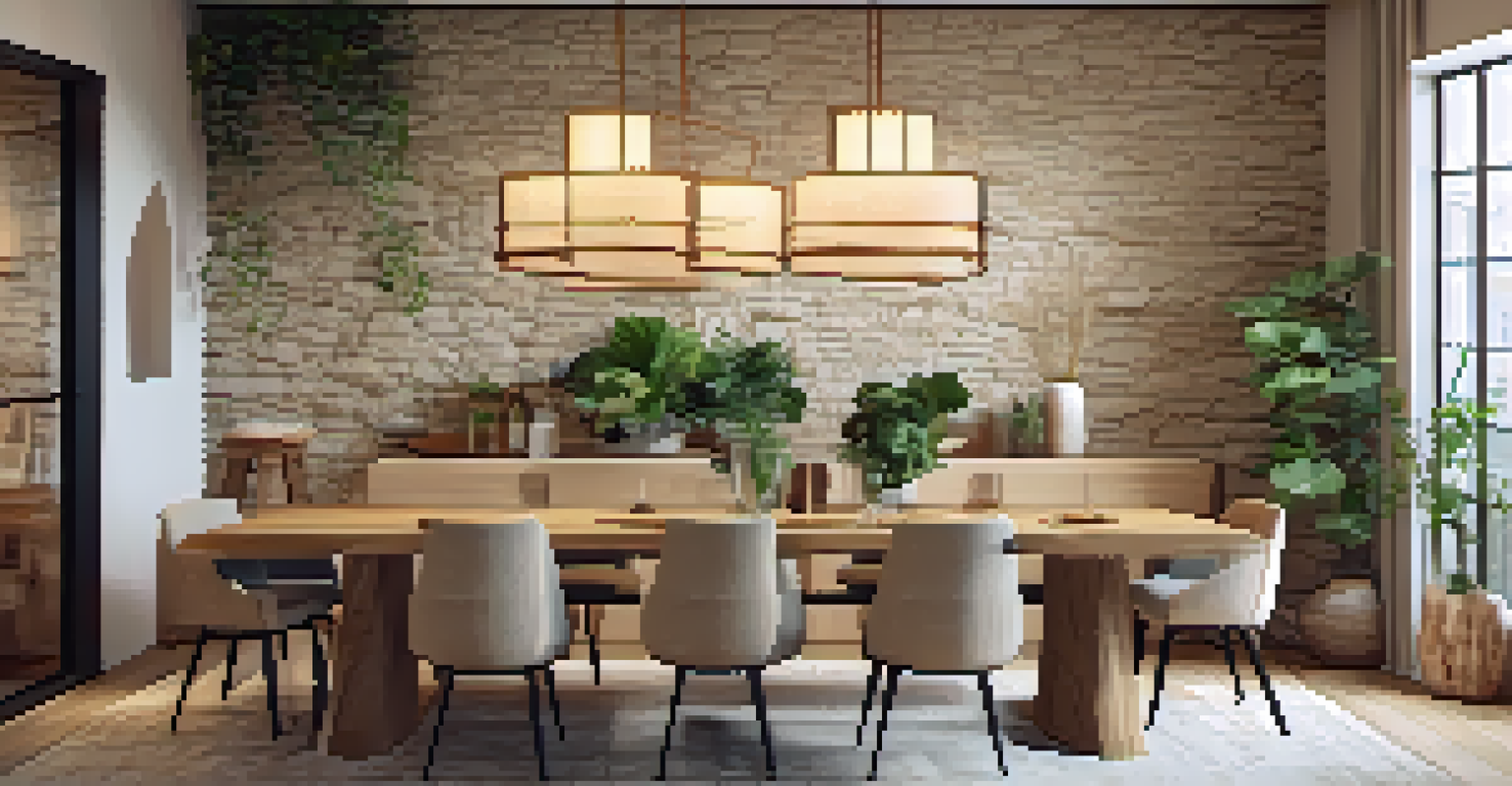 A dining area with a textured stone wall in warm beige, a wooden table set for dining, and soft pendant lights.