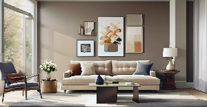 A bright and modern living room with large windows, a stylish sofa, and a contemporary art piece on the wall.