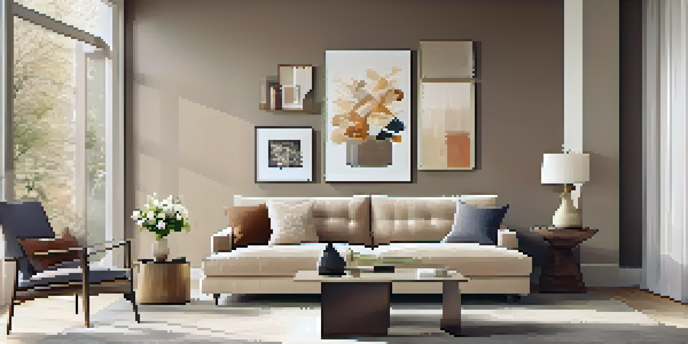 A bright and modern living room with large windows, a stylish sofa, and a contemporary art piece on the wall.