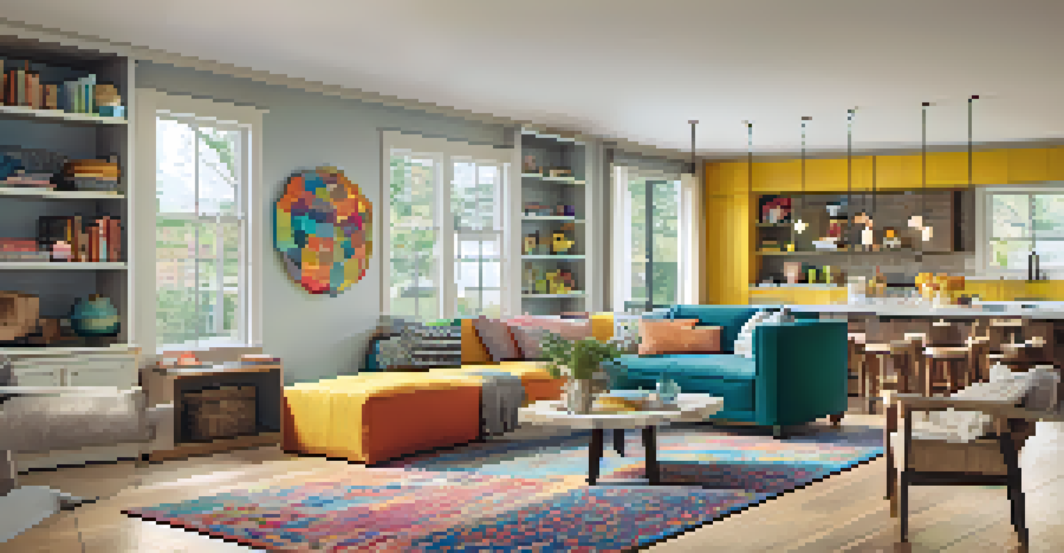 An open floor plan designed for families, featuring a colorful play area and cozy reading nook, with a bright kitchen in the background.