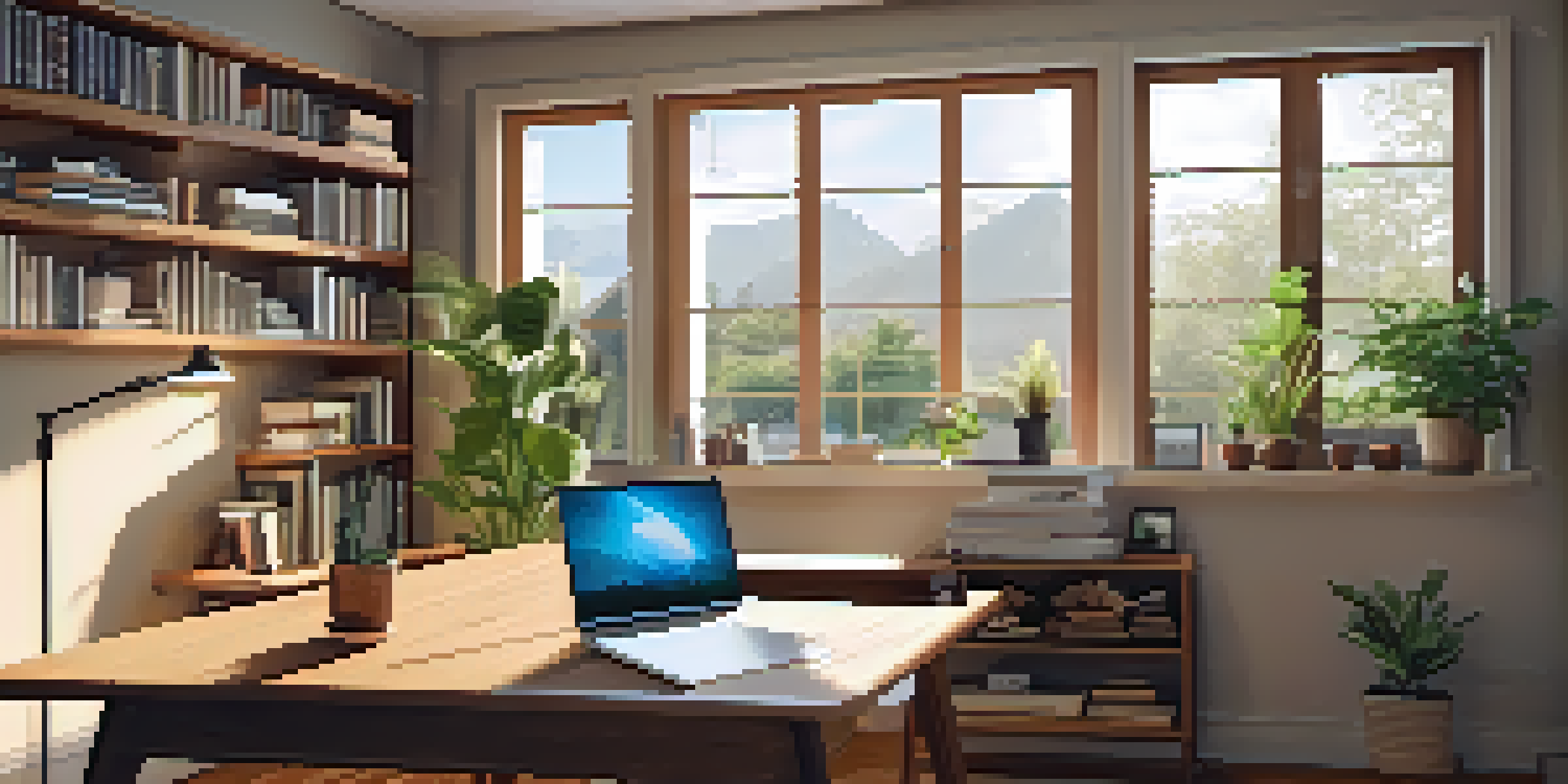 A cozy home office corner with a wooden desk, laptop, ergonomic chair, and potted plant, illuminated by natural light.