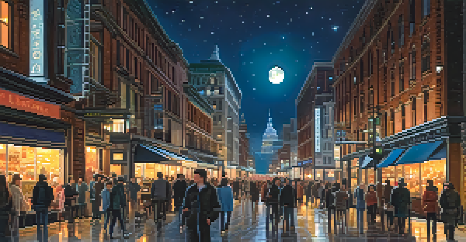 A lively city street at night with bright storefronts, people walking, and a starry sky.