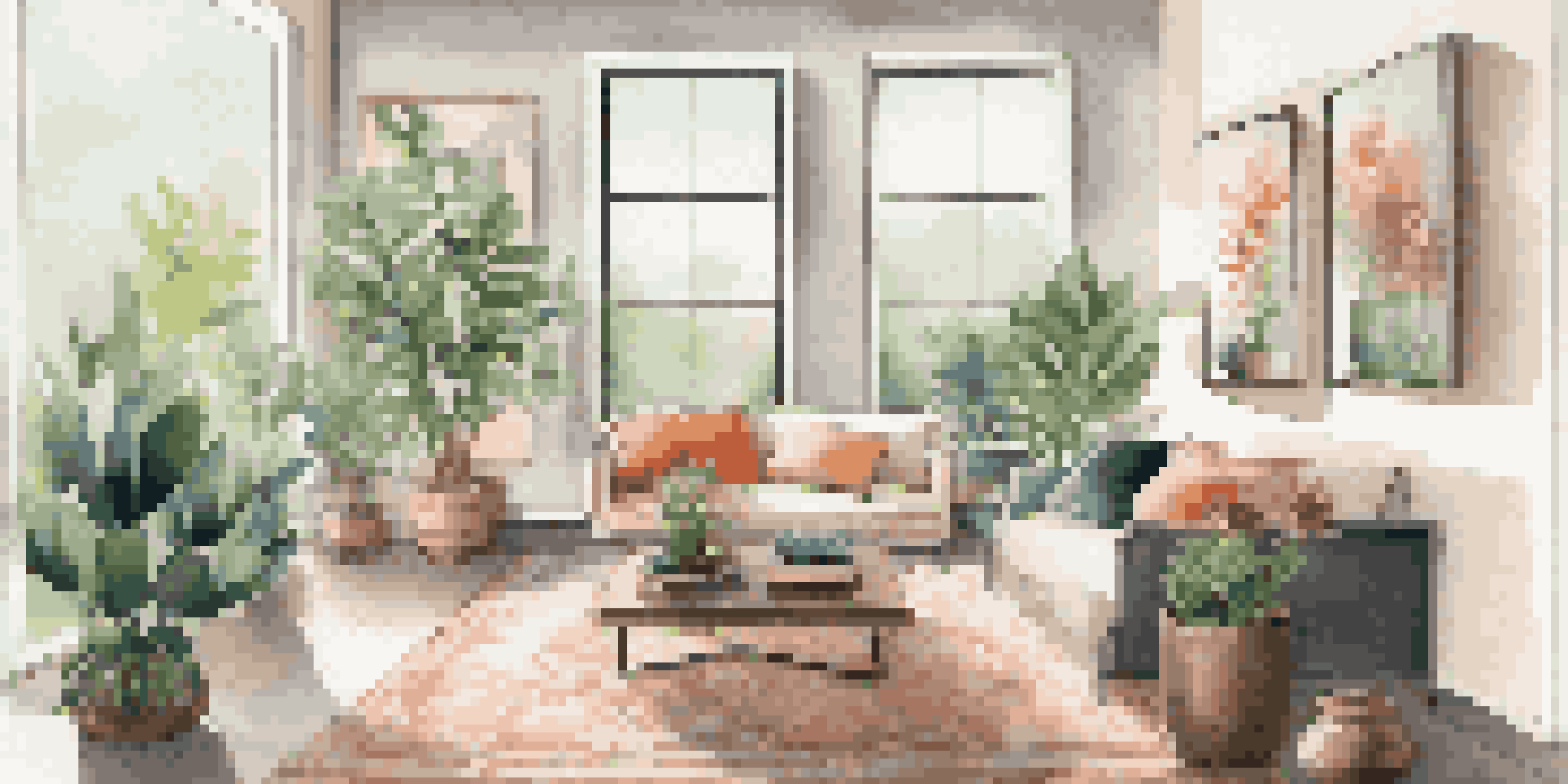 A modern living room filled with natural light, featuring a cozy sofa, a coffee table, and vibrant artwork.