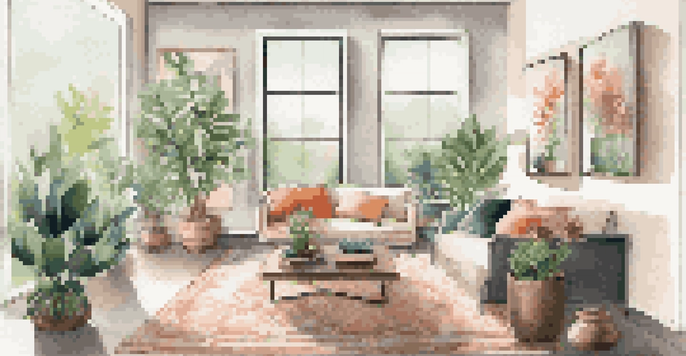 A modern living room filled with natural light, featuring a cozy sofa, a coffee table, and vibrant artwork.