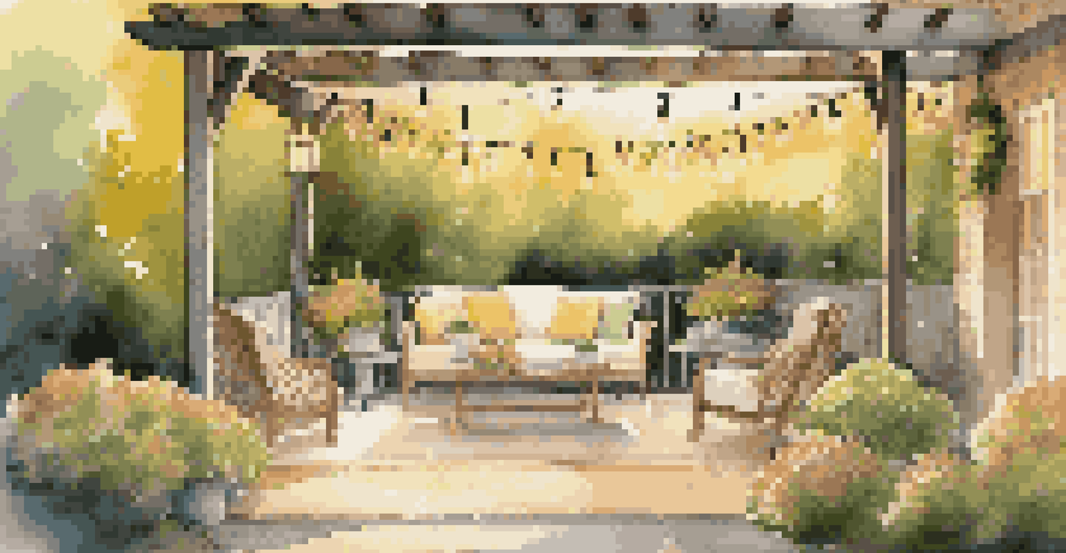 A beautiful outdoor garden setting with flowers, outdoor furniture, and string lights during sunset.