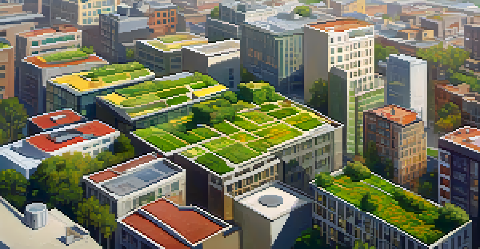 An aerial view of a city with various buildings featuring green roofs, showing a vibrant mix of vegetation.