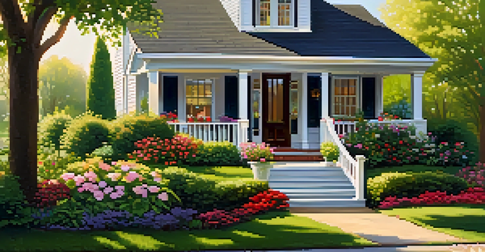 A well-maintained suburban home with a welcoming front porch, surrounded by greenery and flowers, with a 'For Sale' sign in the yard.