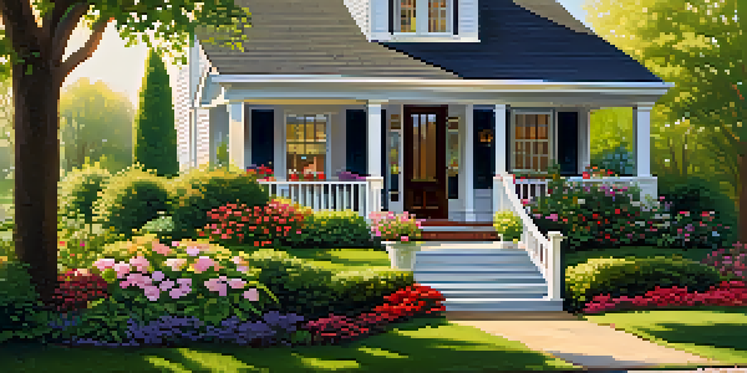 A well-maintained suburban home with a welcoming front porch, surrounded by greenery and flowers, with a 'For Sale' sign in the yard.