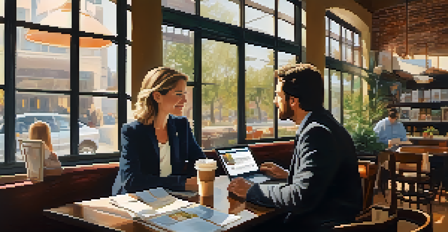 Two real estate professionals discussing over coffee in a cozy coffee shop, with property brochures and a laptop on the table.