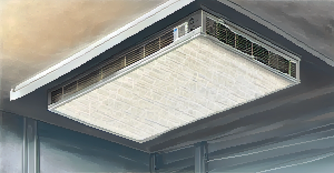 A close-up of a clean HVAC filter with a MERV rating label, surrounded by dust particles.