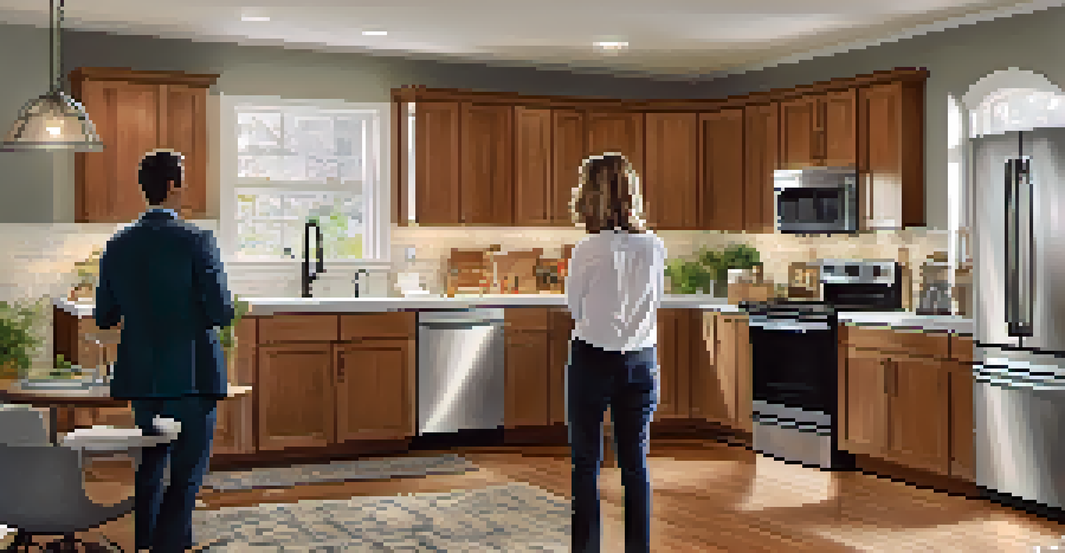 A real estate agent engaging with potential buyers in a well-staged kitchen, highlighting its features and creating a warm interaction.