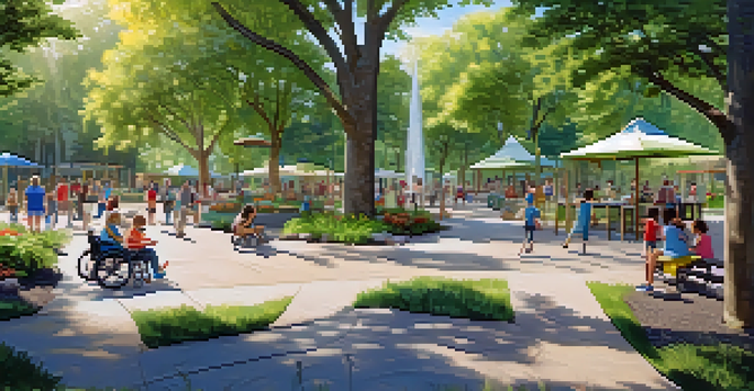 An inclusive urban park with paved paths, adaptive playground equipment, and families enjoying the space, illuminated by warm sunlight.