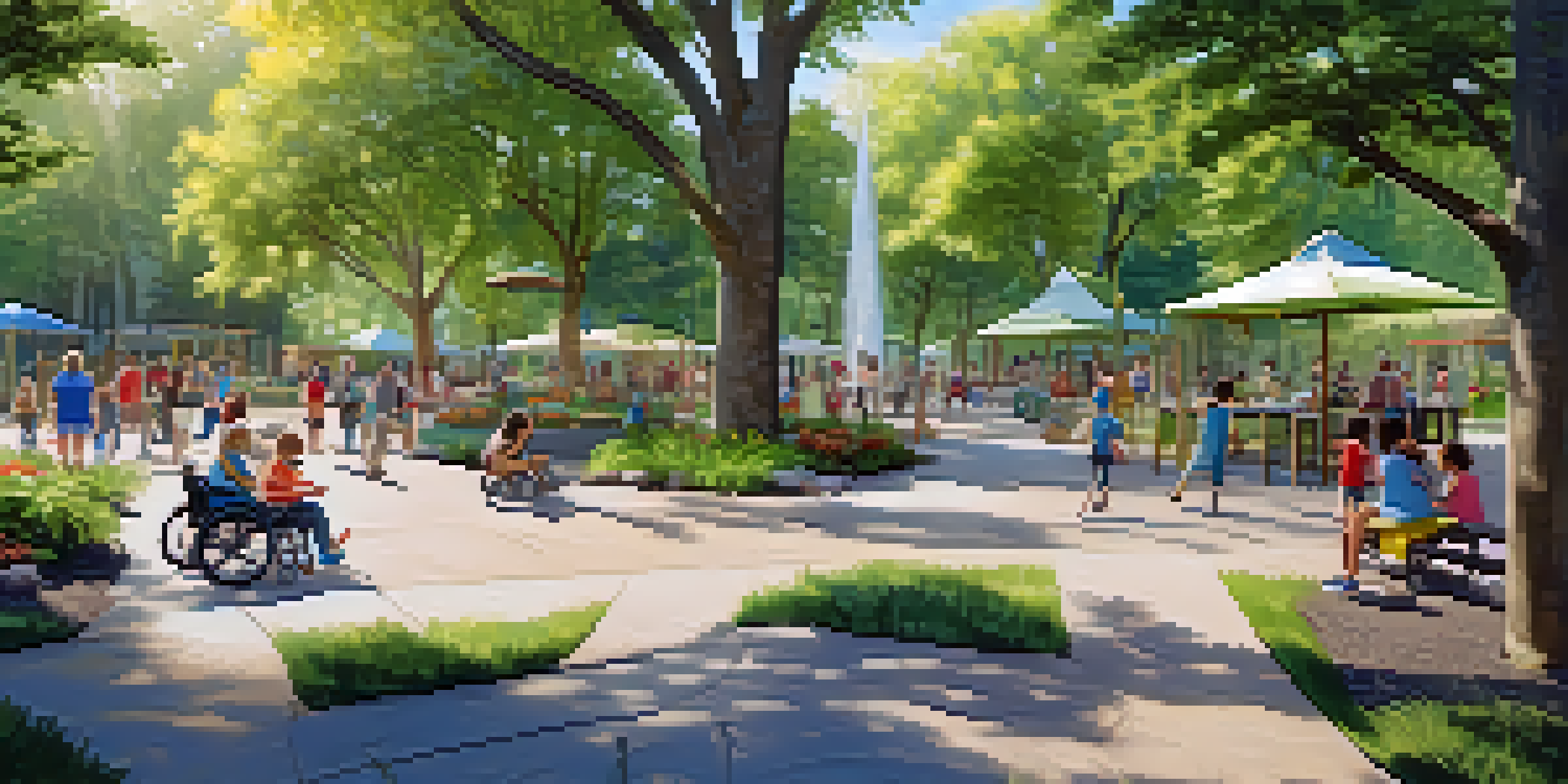 An inclusive urban park with paved paths, adaptive playground equipment, and families enjoying the space, illuminated by warm sunlight.