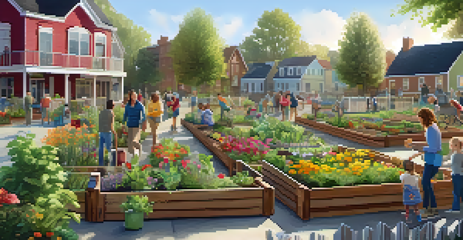 A community garden with residents gardening, children playing, and vibrant flowers in a sunny neighborhood.