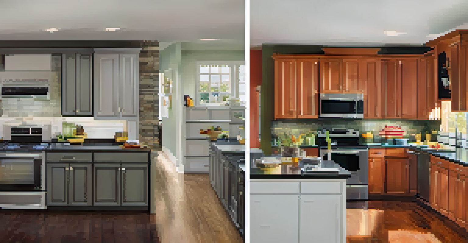 A comparison image of a kitchen before and after renovation, showing a dramatic transformation in style and color.