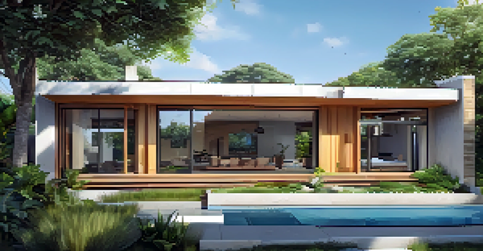 A modern house with large windows and solar panels, surrounded by greenery, showcasing energy-efficient design.