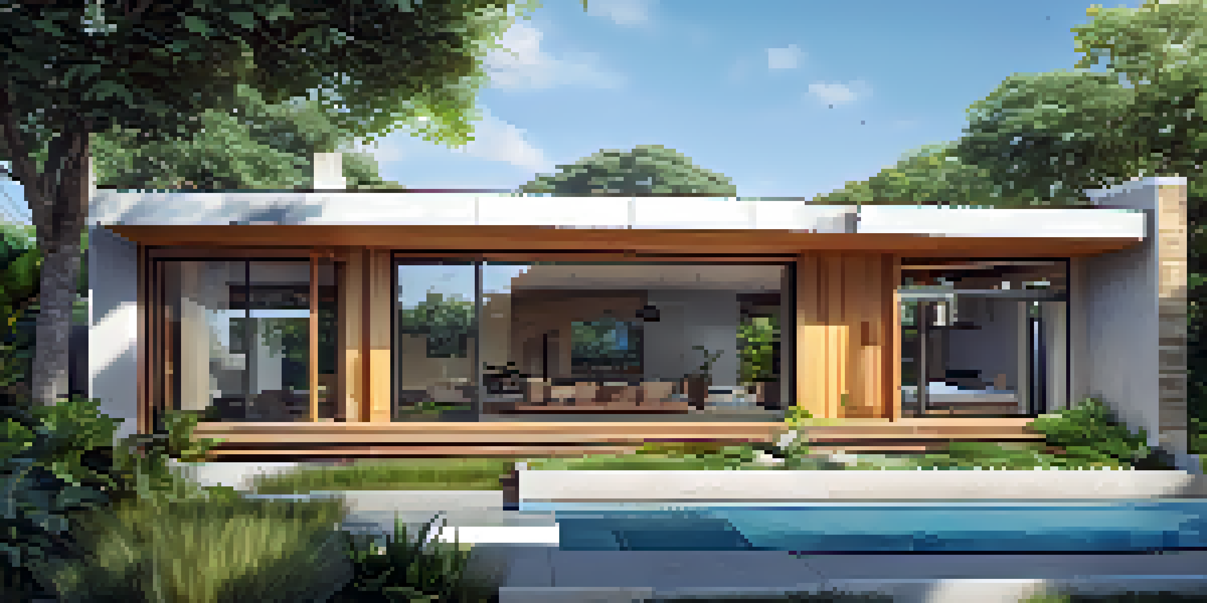 A modern house with large windows and solar panels, surrounded by greenery, showcasing energy-efficient design.