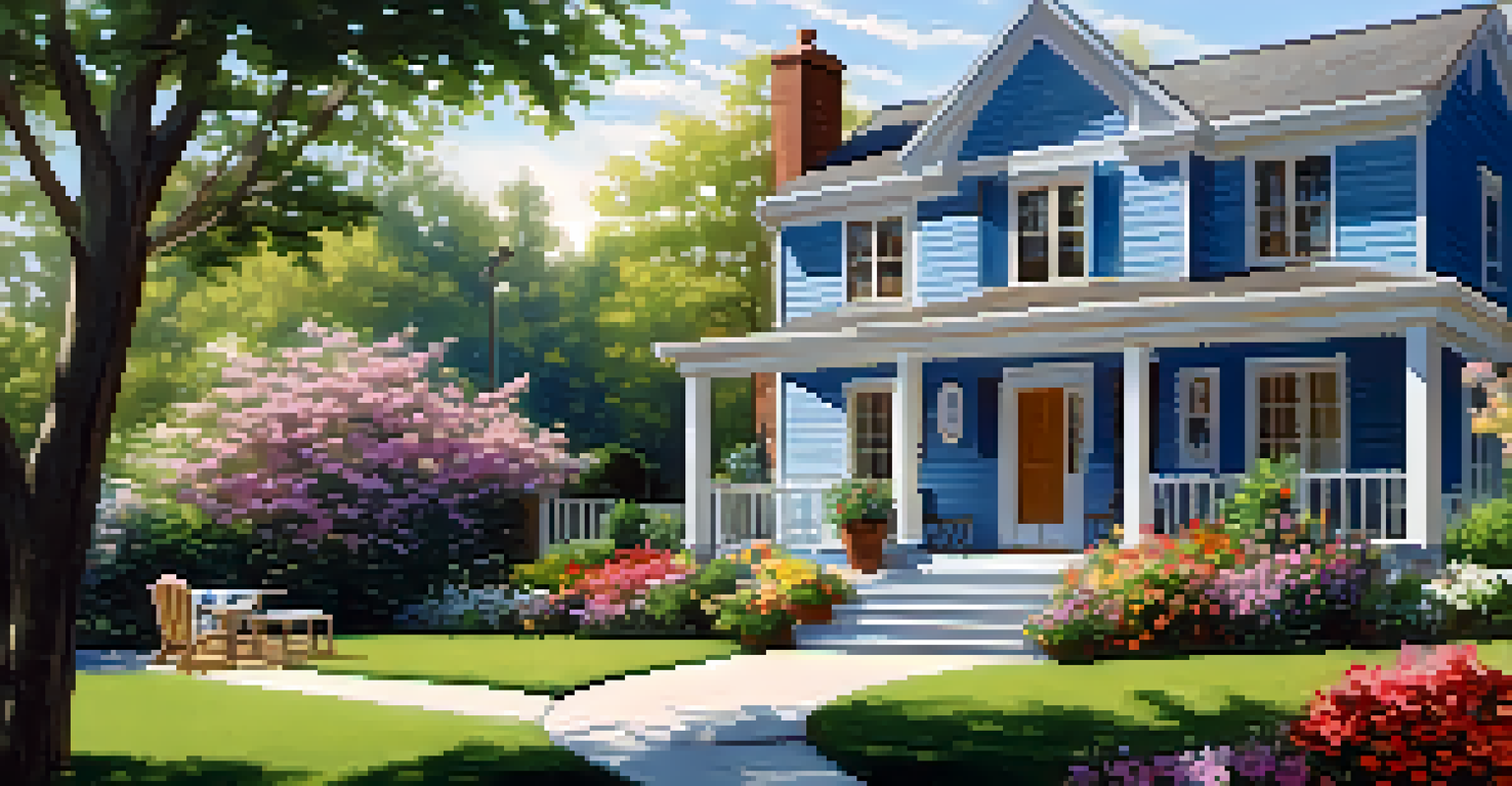 A beautiful outdoor view of a rental property featuring a spacious backyard with a lawn, wooden deck, and blooming flowers.