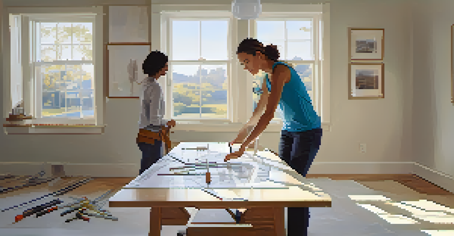 A woman discussing electrical plans with an electrician during a home renovation.