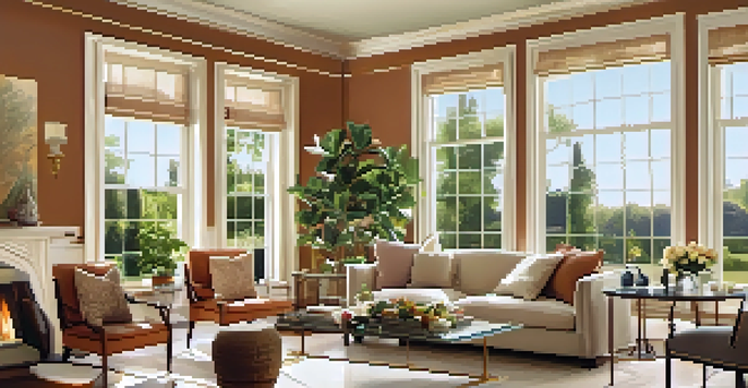A living room showcasing elegant crown molding with natural light, warm wall colors, and cozy decor.