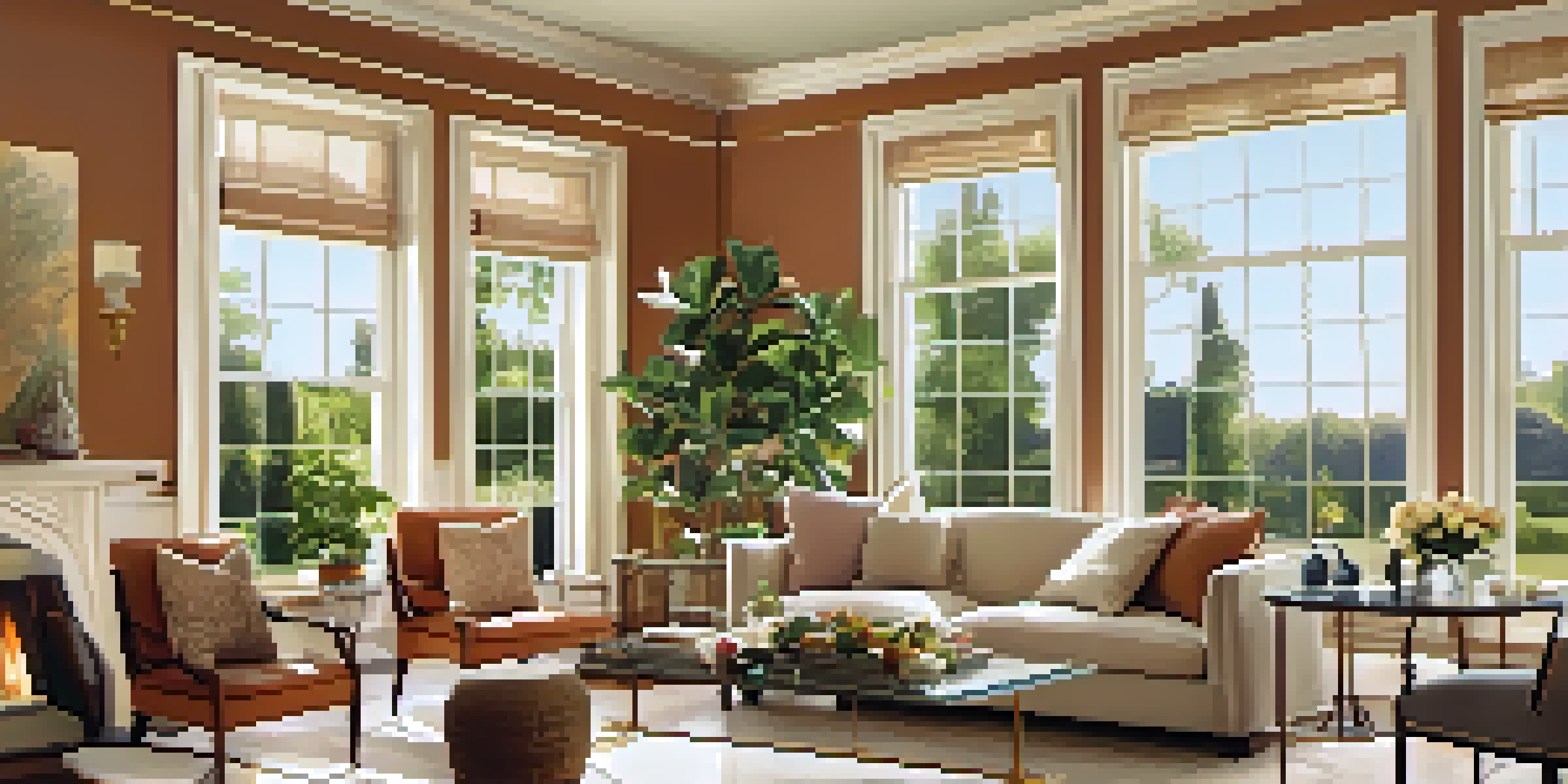 A living room showcasing elegant crown molding with natural light, warm wall colors, and cozy decor.