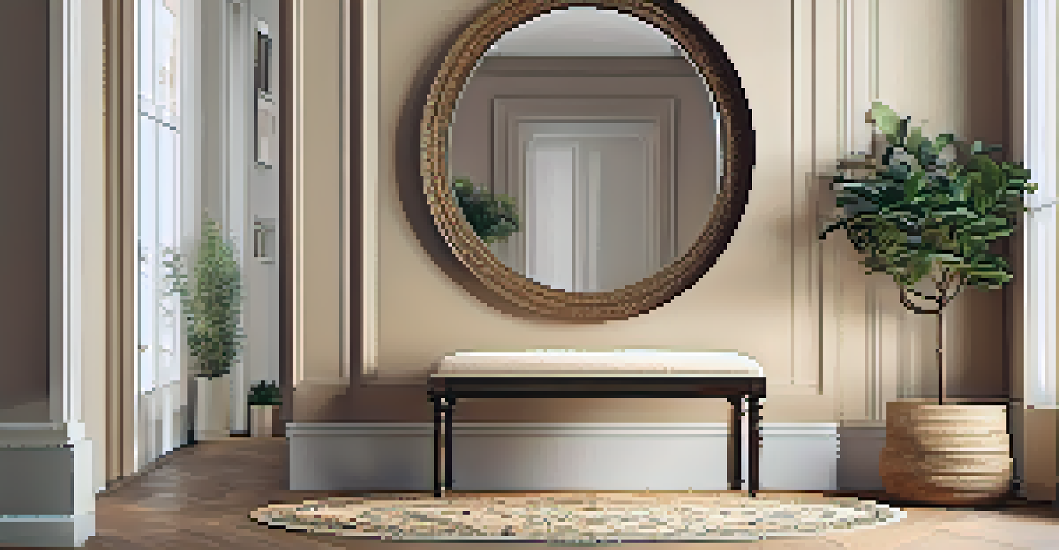 An elegant entryway with a decorative round mirror above a wooden bench and tasteful accessories.