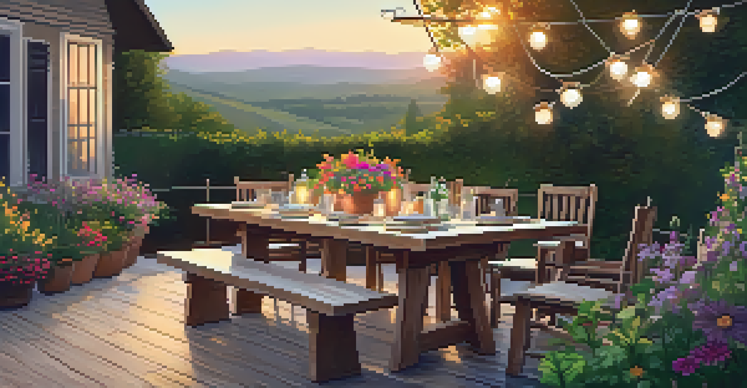 A serene outdoor patio with a rustic wooden table set for a meal, adorned with flowers and string lights, illuminated by the setting sun.