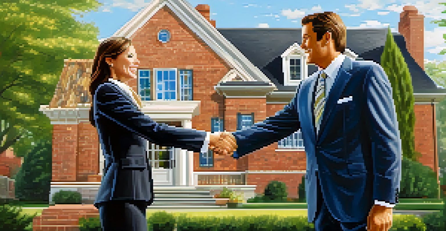 A close-up of a real estate agent shaking hands with a client in front of a brick house and garden.