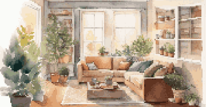 A new homeowner sitting on a couch in a cozy living room filled with unpacked boxes, bathed in warm light from a window.