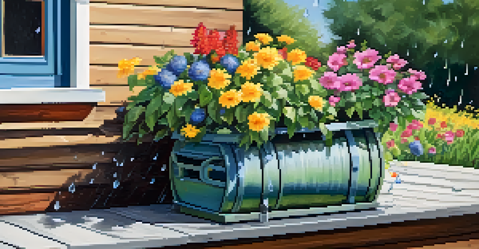 A rain barrel under a gutter surrounded by flowers, capturing rainwater with sunlight shining down.