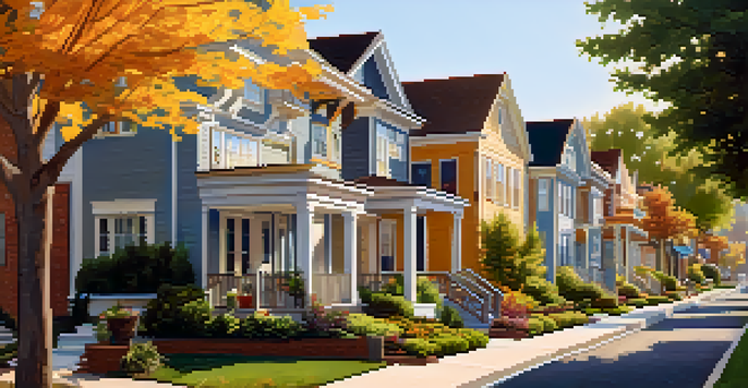 A peaceful residential neighborhood with different types of homes and children playing in yards under warm sunlight.