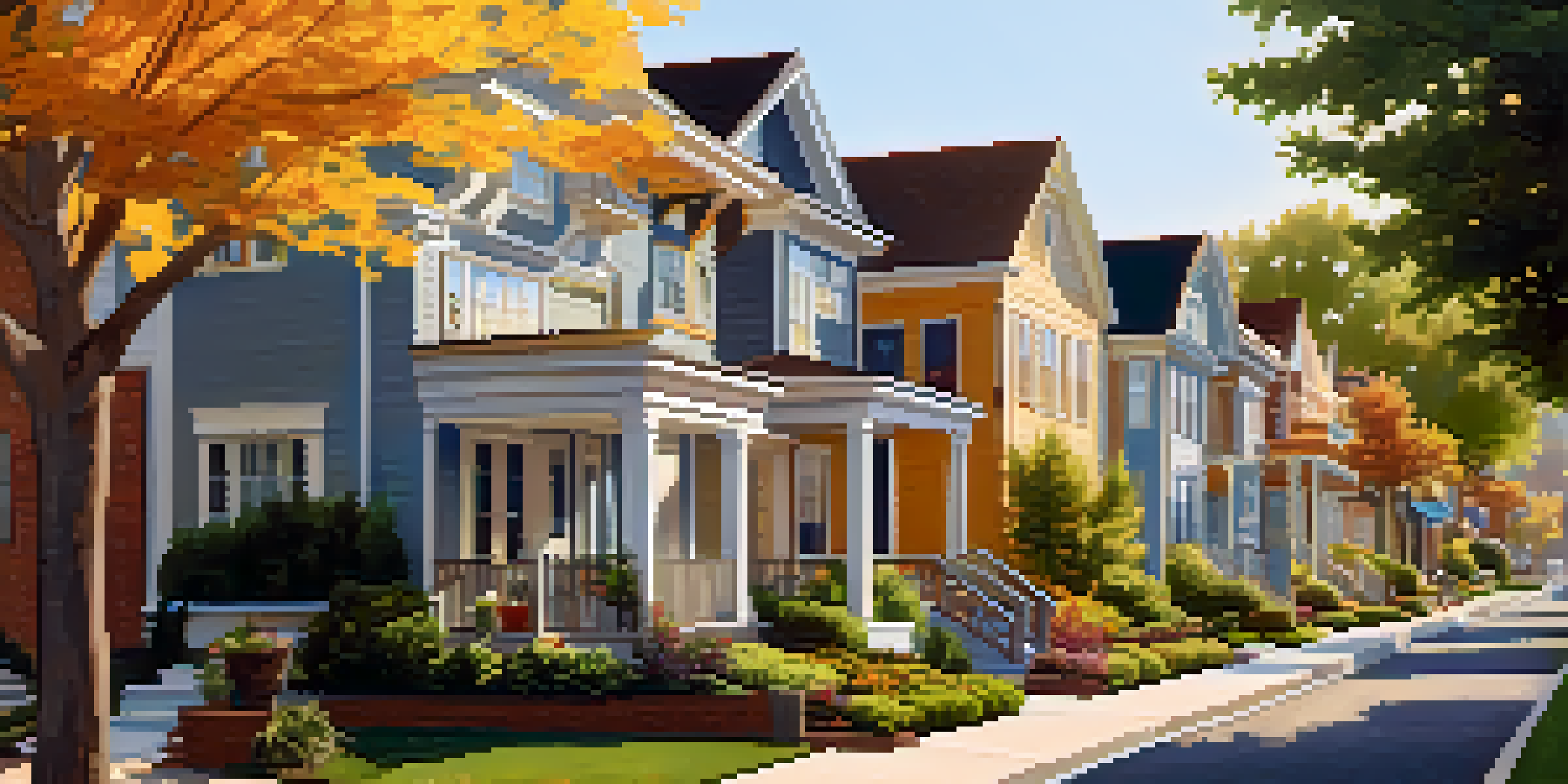 A peaceful residential neighborhood with different types of homes and children playing in yards under warm sunlight.