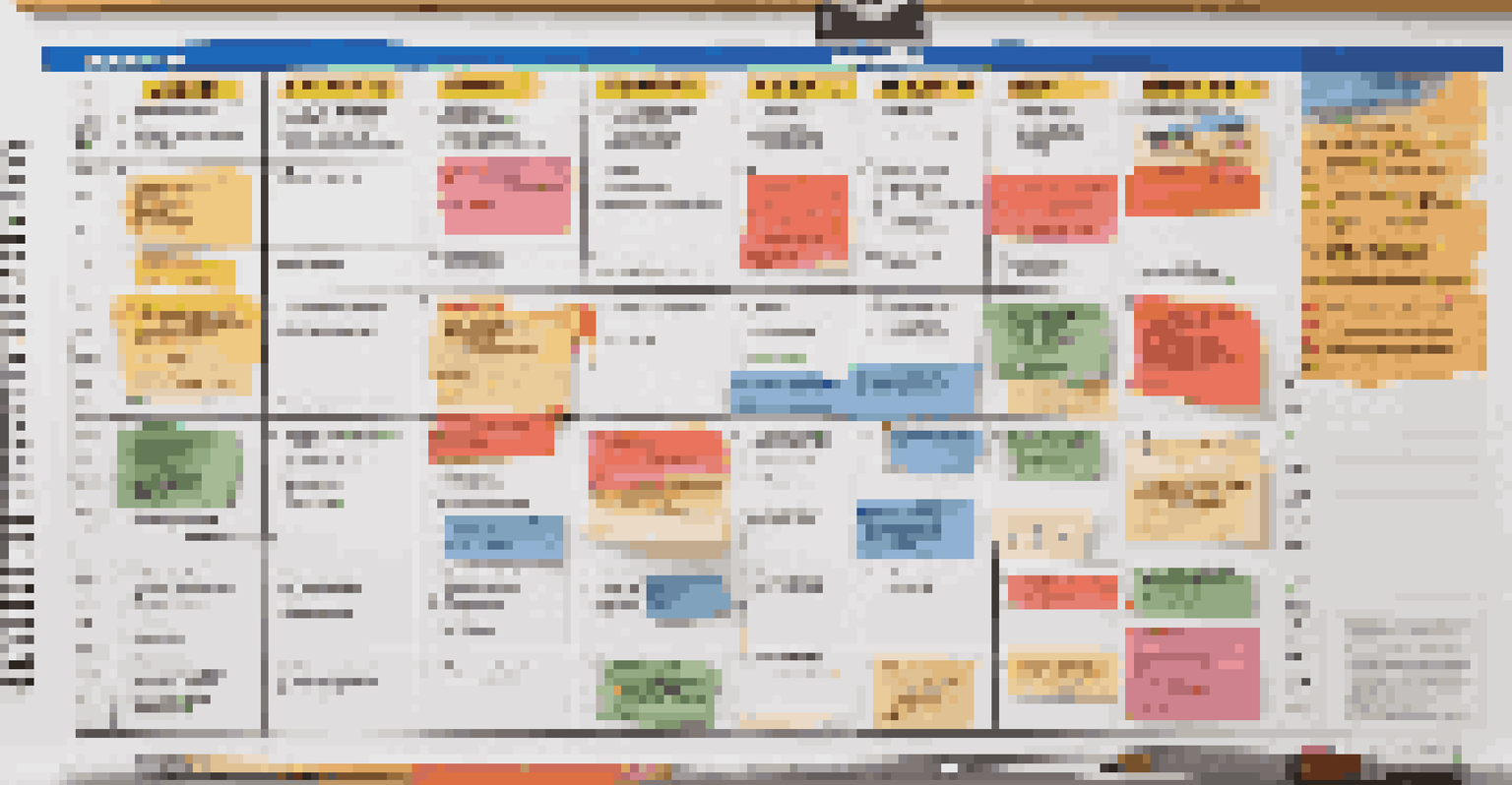 A wall calendar showcasing a detailed maintenance schedule with colorful task markers and arranged tools.