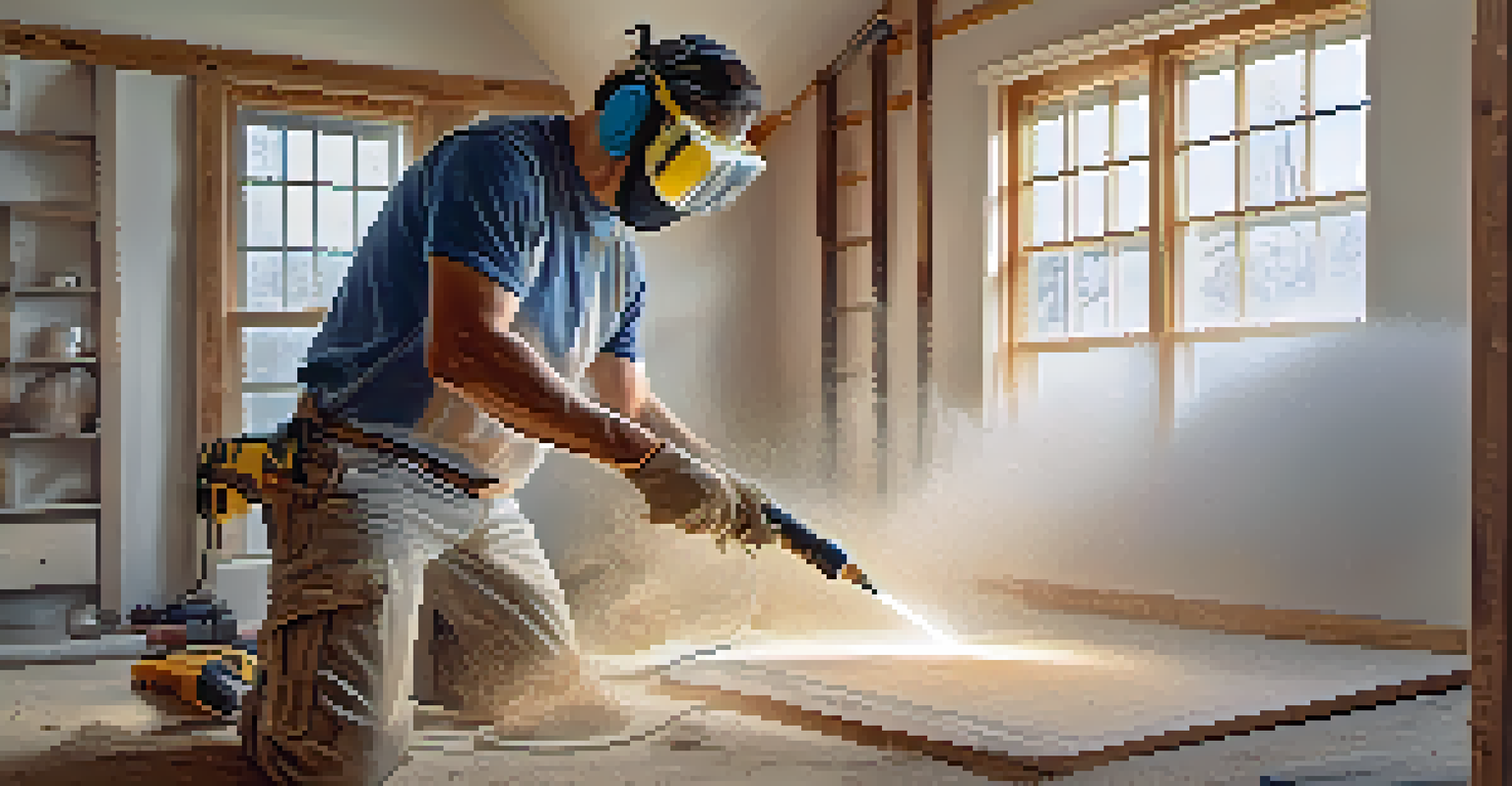 A homeowner using a power drill with safety gear in a renovation space filled with tools.