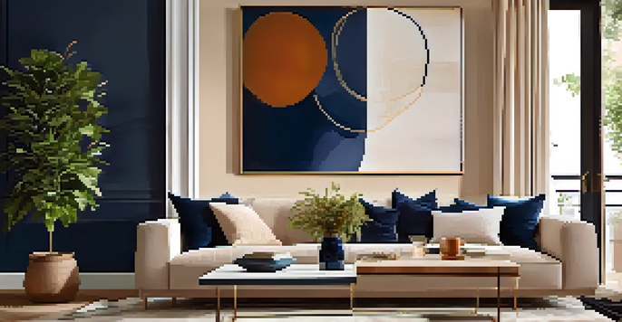 A cozy living room with a deep navy blue accent wall and a large abstract painting, featuring a beige sofa and potted plants.