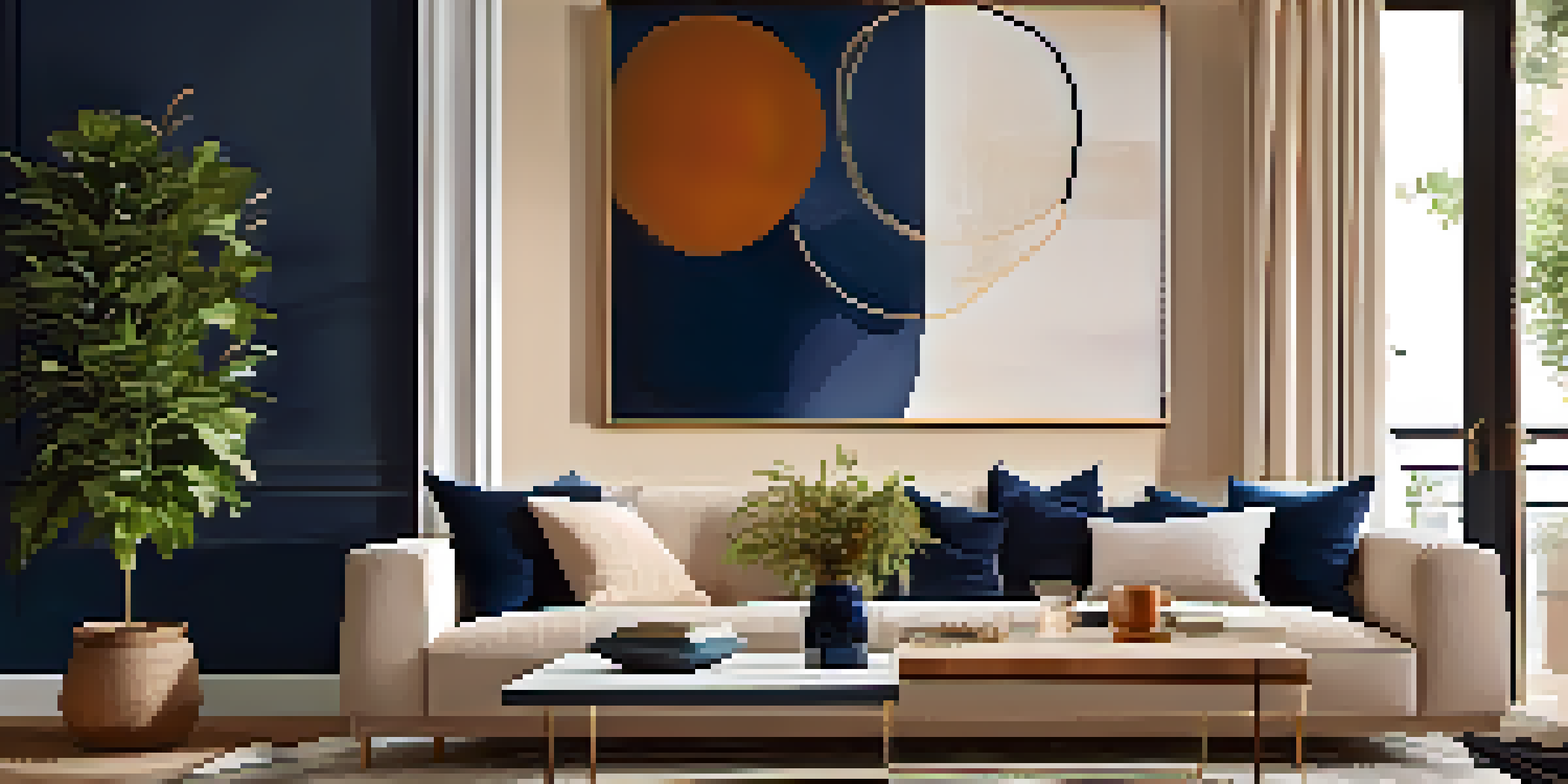 A cozy living room with a deep navy blue accent wall and a large abstract painting, featuring a beige sofa and potted plants.