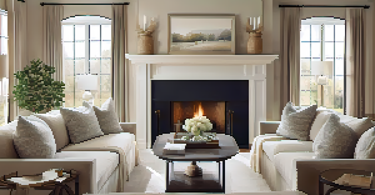 A beautifully staged living room with a cozy fireplace and bright natural light coming through large windows.