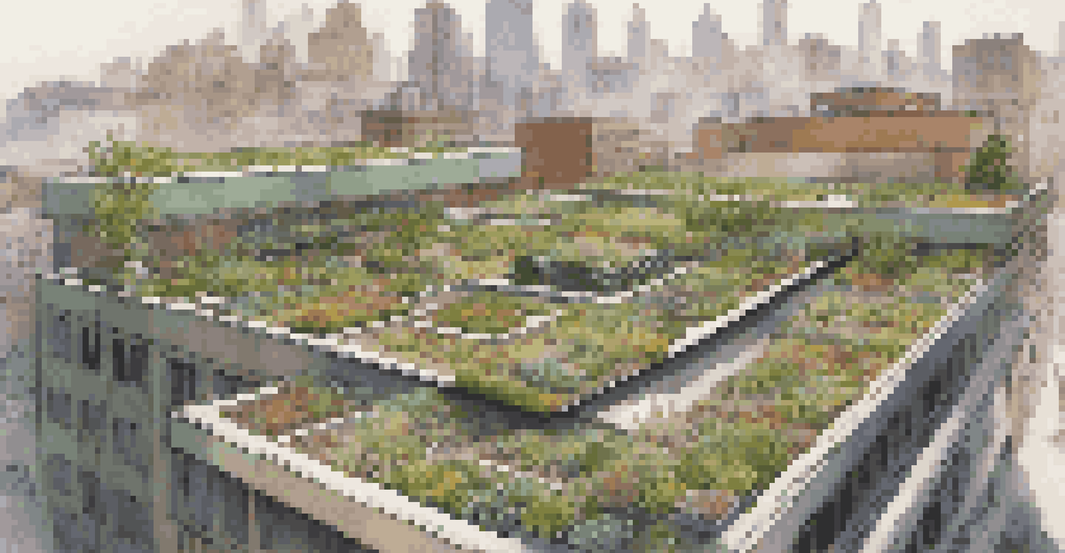 Aerial view of an extensive green roof with various plants above a cityscape.