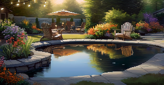 A tranquil garden with a pond, colorful flowers, and a cozy seating area illuminated by fairy lights under golden sunlight.