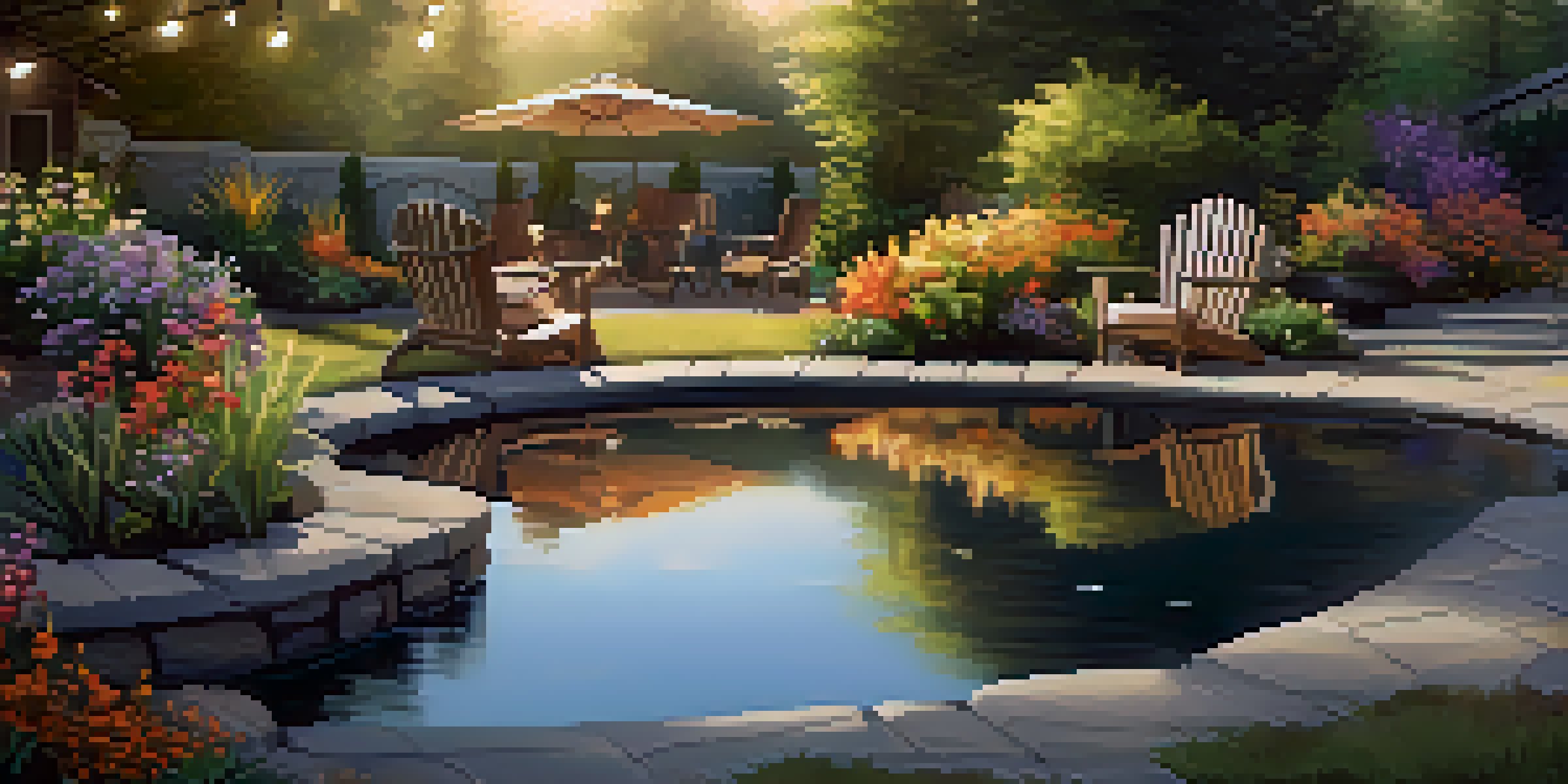 A tranquil garden with a pond, colorful flowers, and a cozy seating area illuminated by fairy lights under golden sunlight.