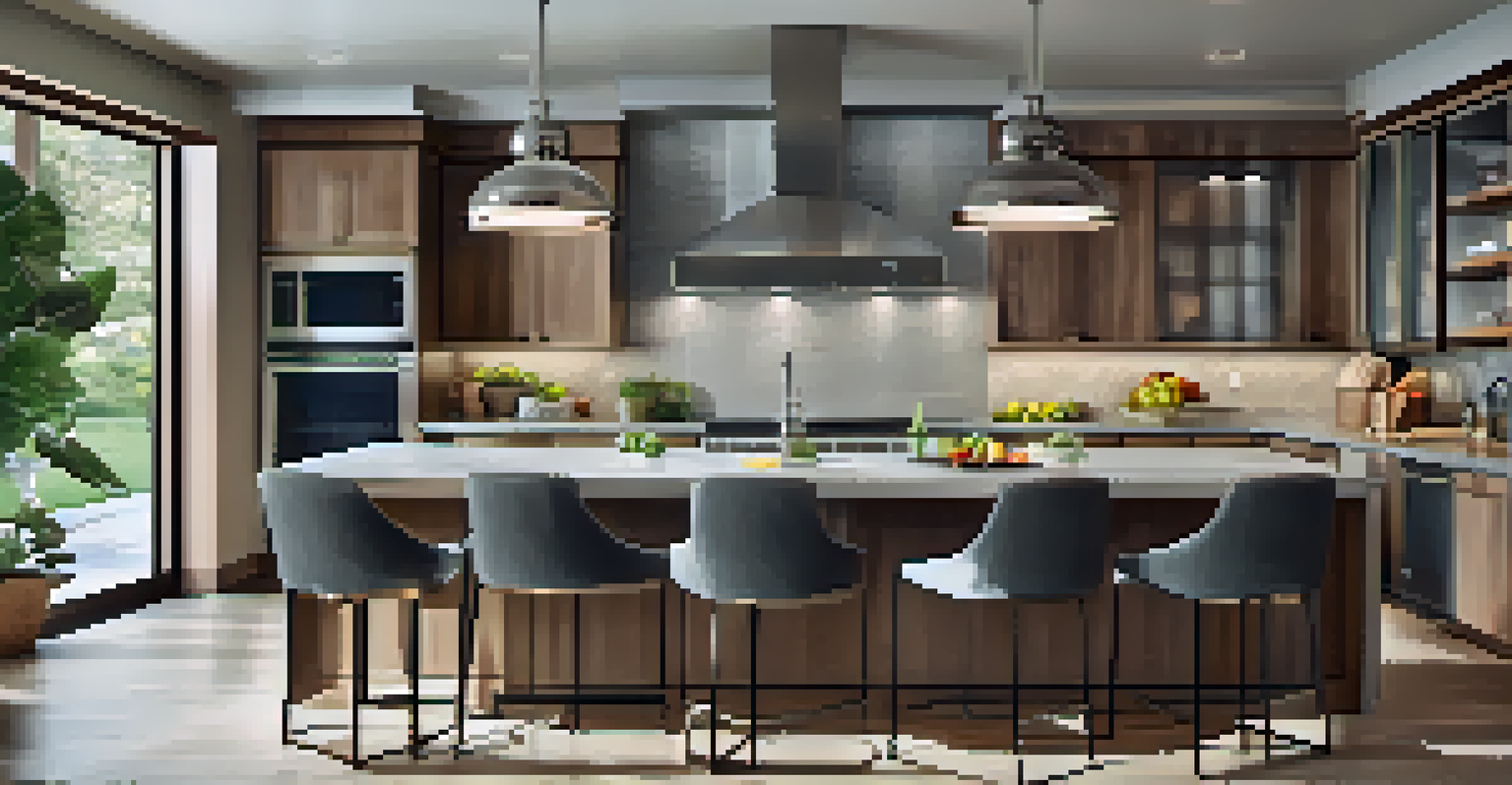 A stylish modern kitchen featuring sleek cabinets, stainless steel appliances, a central island with stools, and soft pendant lighting.