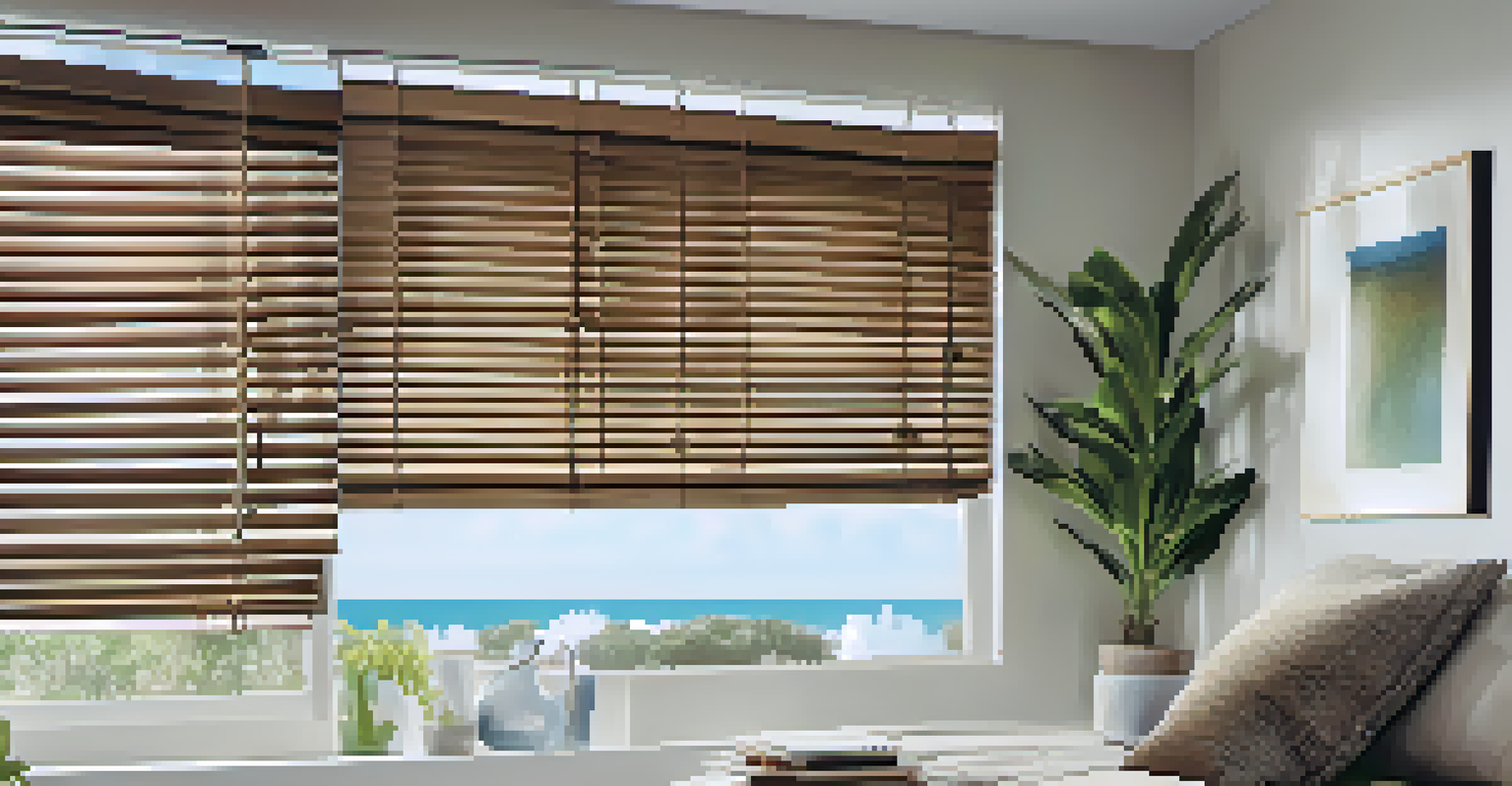 Stylish window treatments on a modern home, featuring metal blinds and bamboo shades, with a backdrop of blue sky and textured walls.