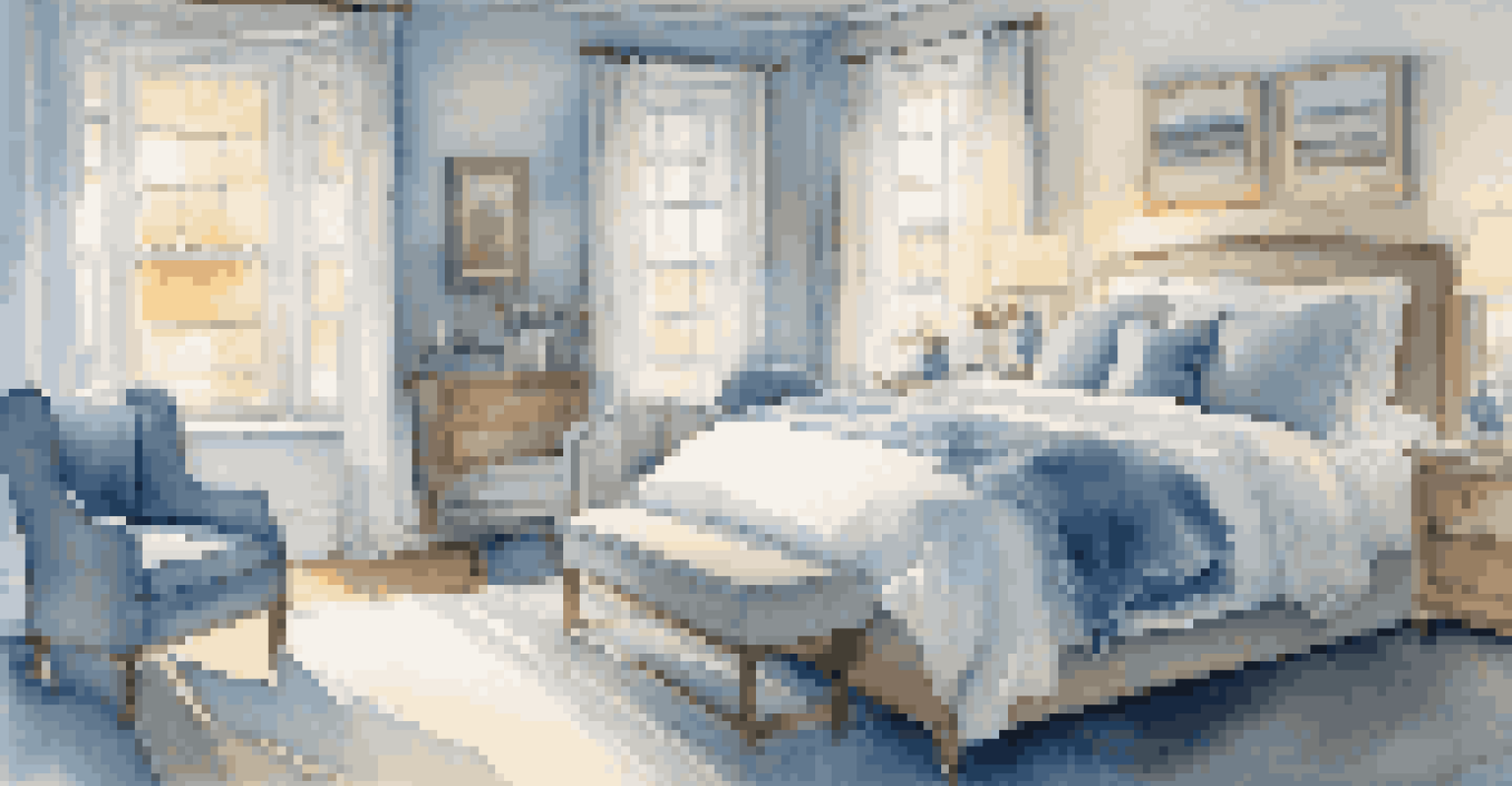 A serene bedroom with soft ambient lighting, a comfortable bed, and large windows allowing daylight in.