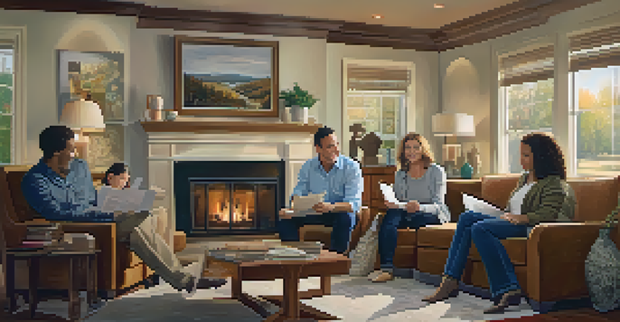 A family discussing estate planning in a cozy living room with documents on a table.