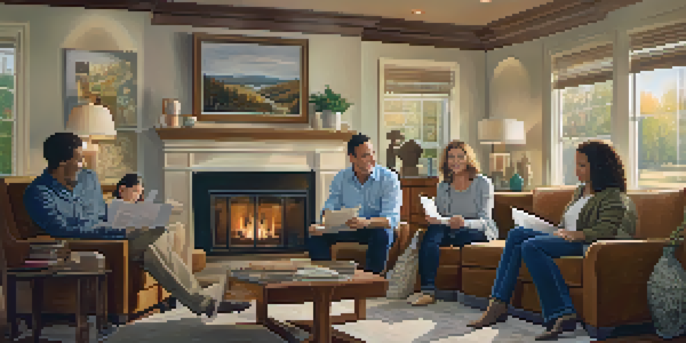 A family discussing estate planning in a cozy living room with documents on a table.