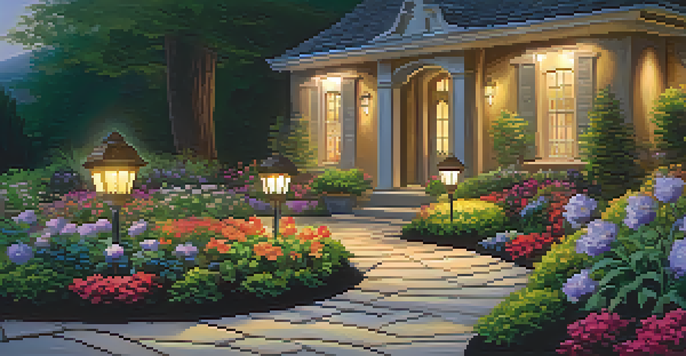 A beautifully landscaped pathway with colorful flowers and soft lighting leading to a front door.